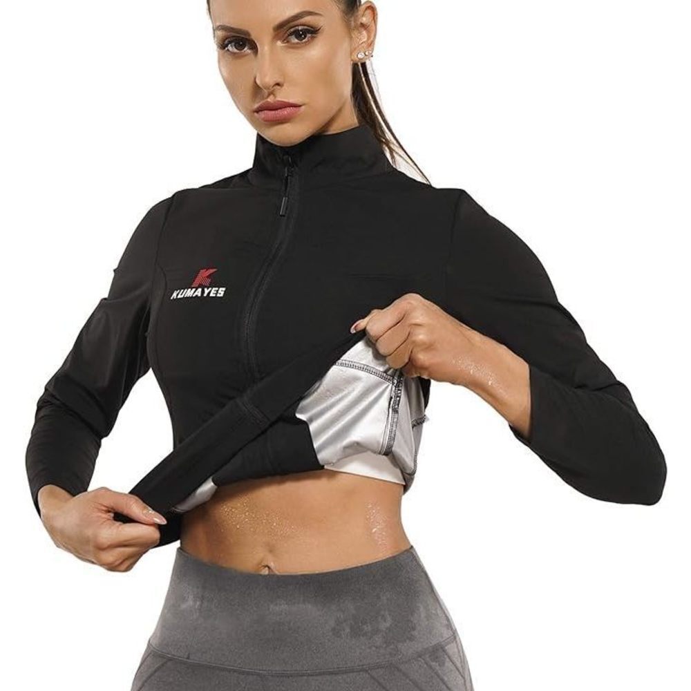 Kumayes Womens Sauna Suit Waist Trainer Workout Jacket  SIZE: Med  COLOR: Black